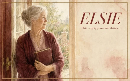 The cover of ELSIE: an older woman in a maroon cardigan standing in a doorway, holding a book