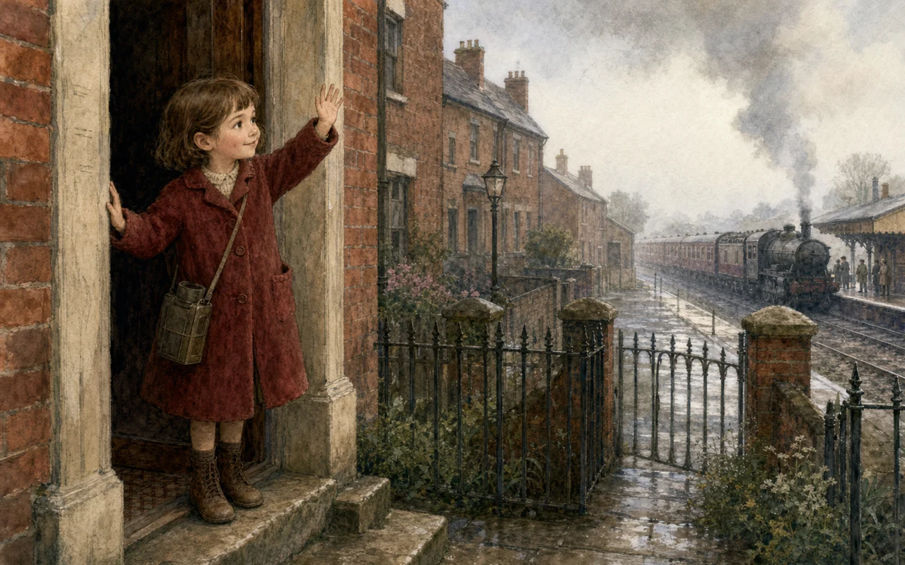 A small girl in a red coat waves from a terraced doorstep as a steam train pulls in through the rain