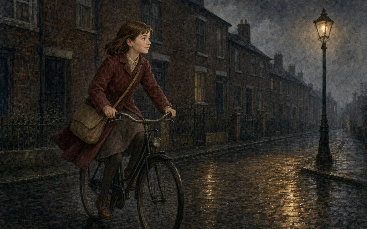 A young woman rides a bicycle down a wet cobbled street at night, lit by a single gas lamp