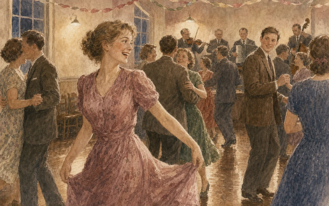 A woman in a rose dress turning mid-step at a village hall dance, couples and a small band behind her