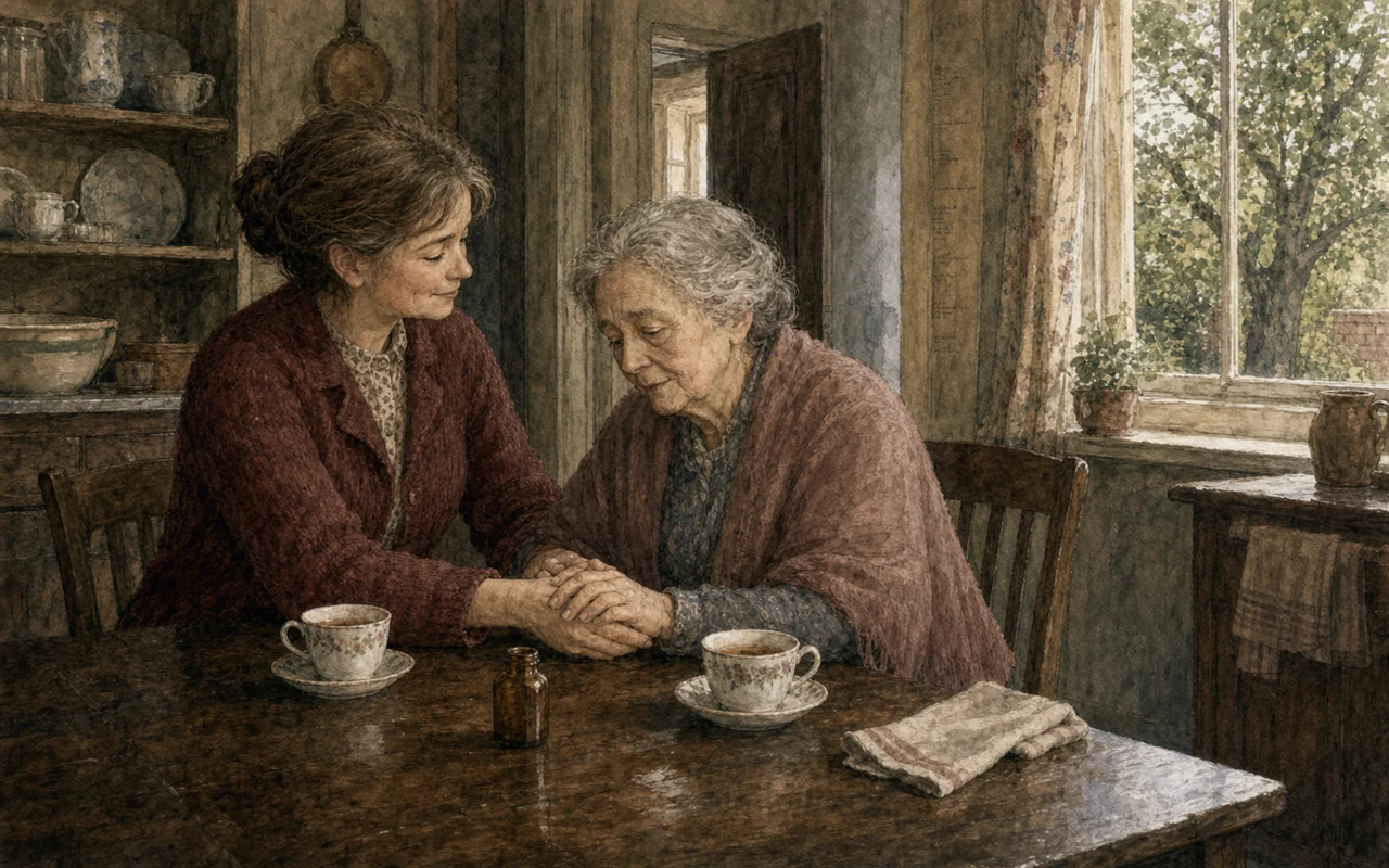Two women hold hands across a kitchen table, two cups of tea and a small medicine bottle between them