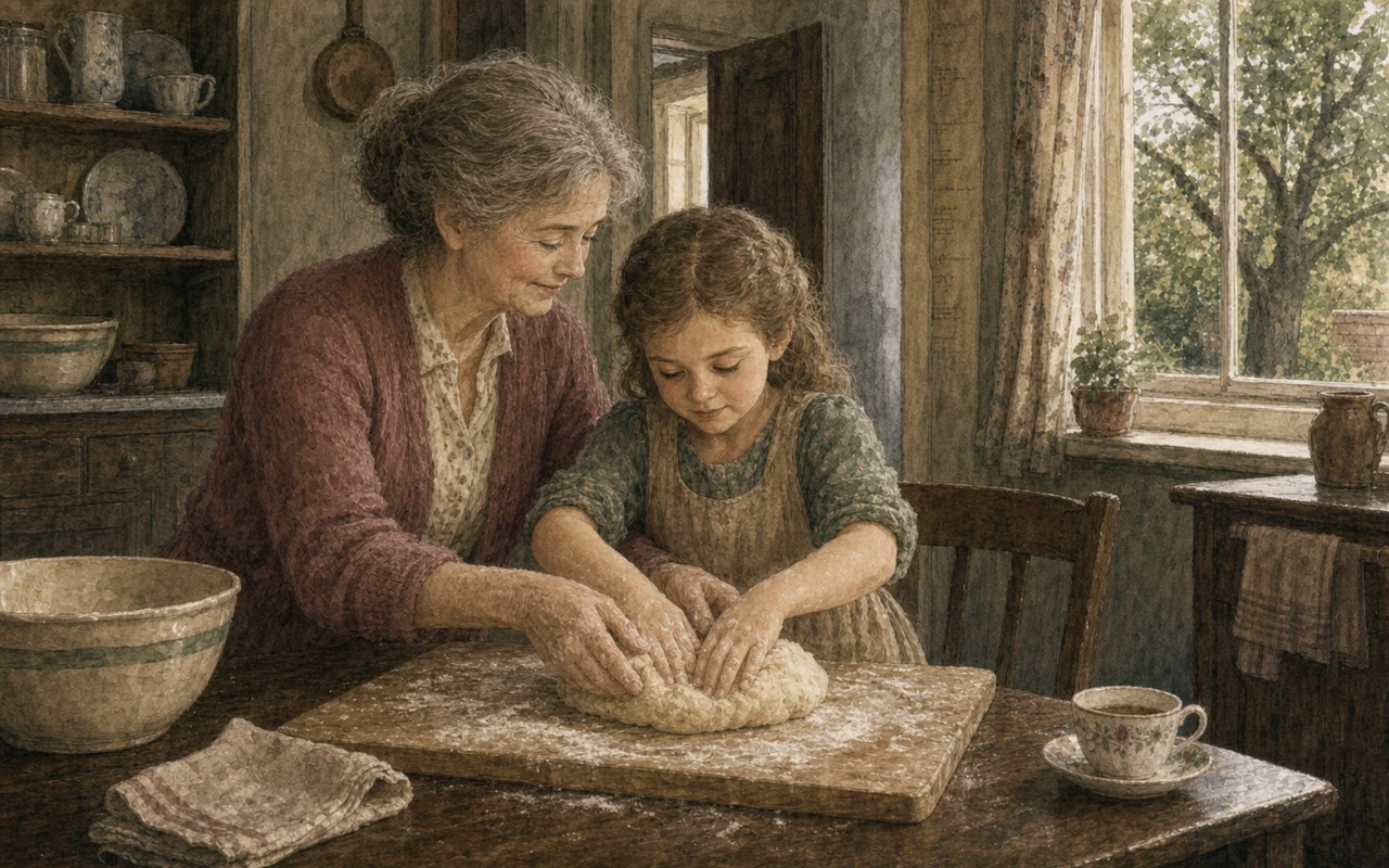 A grey-haired woman and a small girl knead a round of dough together at the same kitchen table