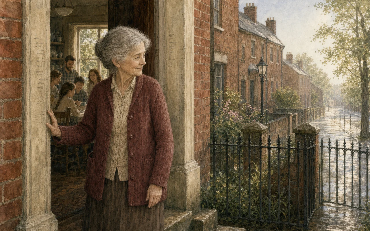 An older woman in a maroon cardigan stands in her doorway today, a family gathered at a table behind her