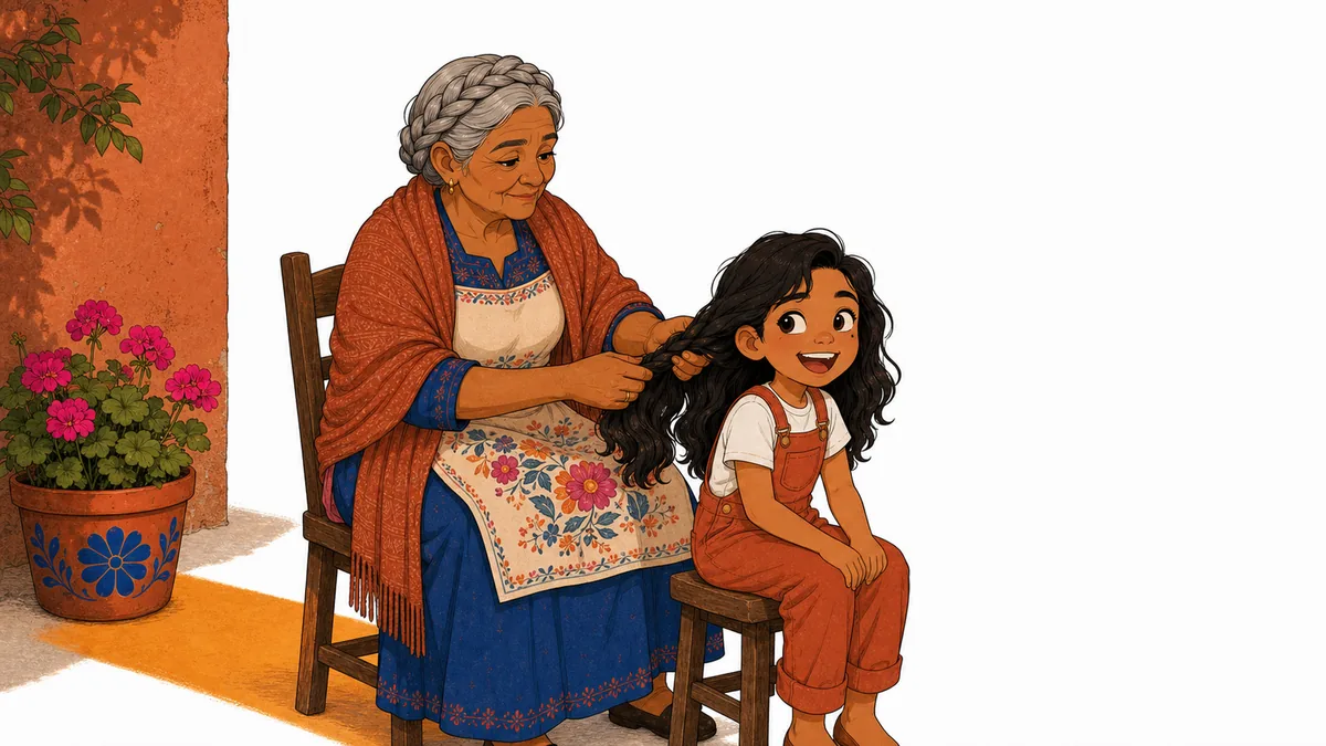Abuela braiding Luz's hair in the courtyard