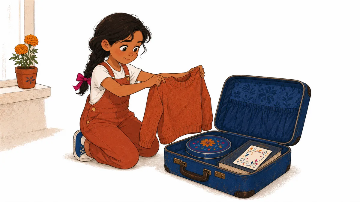 Small hands folding a sweater over the hoop tin