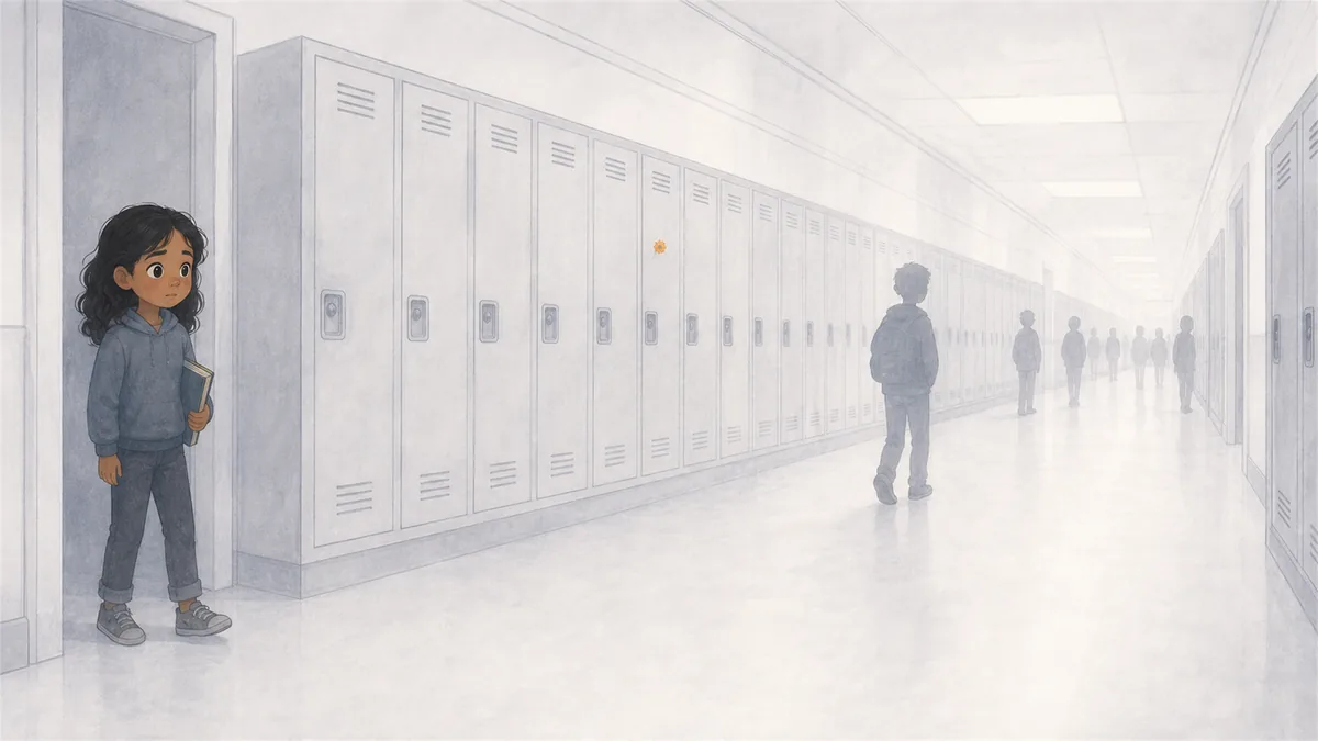 Luz small against tall school lockers