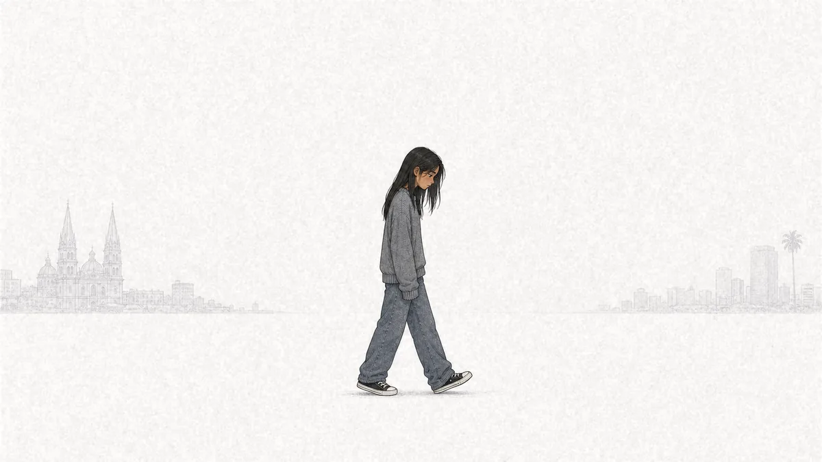 Luz walking between two faint skylines