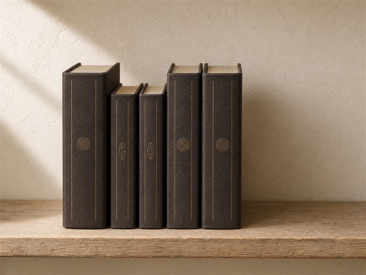 Five dark cloth hardcovers standing spine-out on a sunlit shelf.