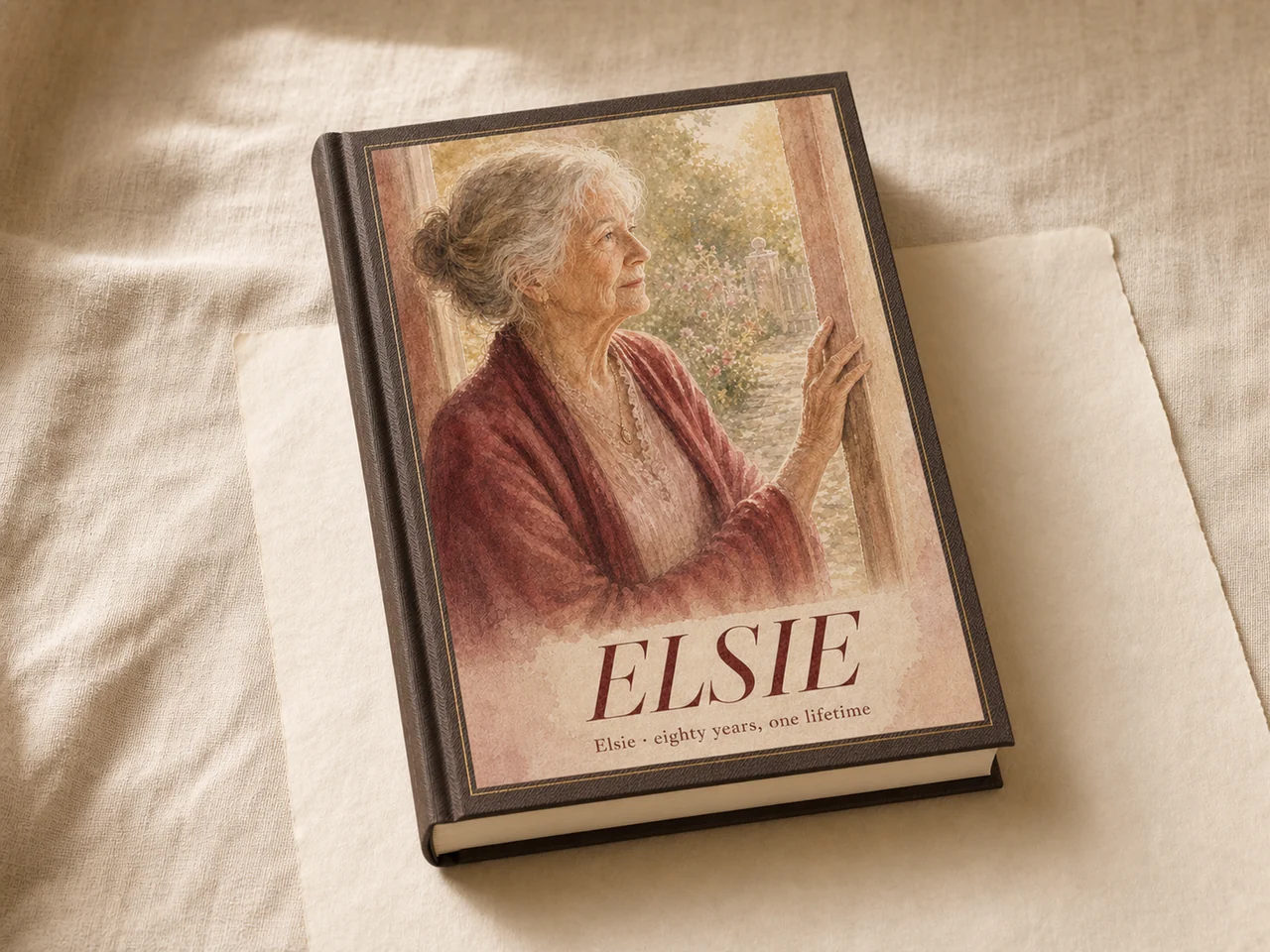 The Story Book lying on linen: a portrait hardcover with a full-cover illustration of an older woman at a window, titled ELSIE.
